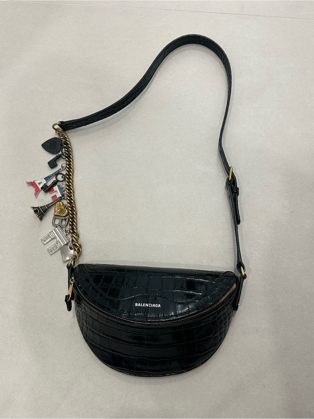 Balenciaga Black Croc Leather Shoulder Bag with Paris Charm Chain
